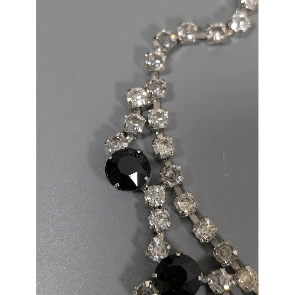 Vintage Black Clear Rhinestone Choker Necklace Silver‎ Tone Bib Statement 15